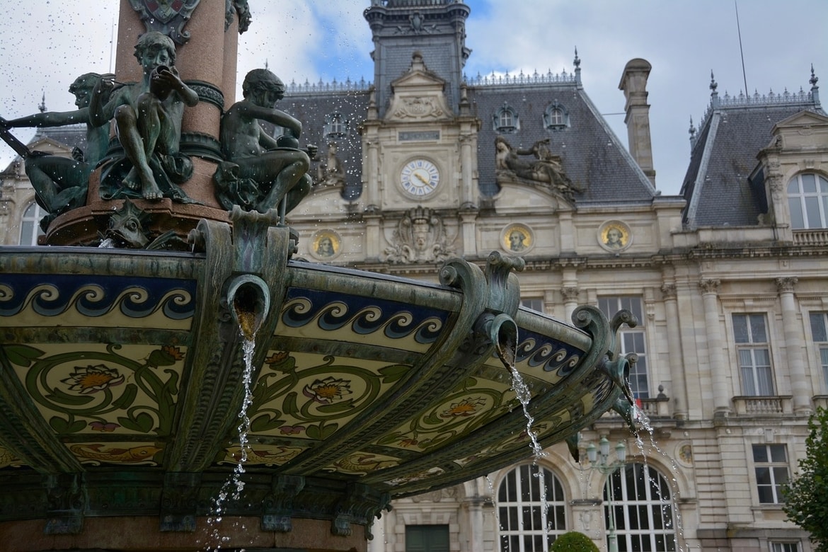 Fountain and Town Hall in Limoges, France