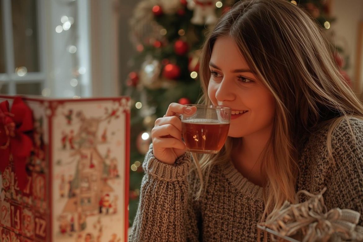 woman drinking tea near an advent calendar